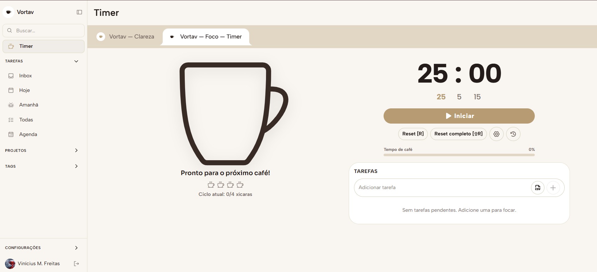 Timer de foco da Vortav, com ciclo de café e tarefas do dia