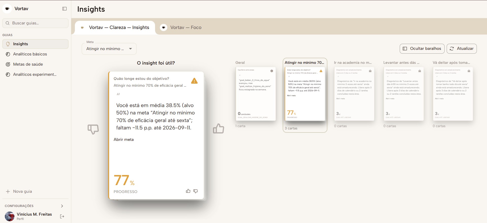 Tela de Insights da Vortav, com progresso da meta e cartas de clareza